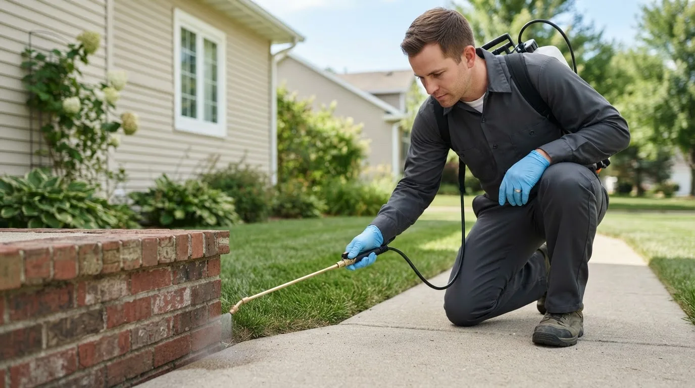 Pest control technician treating a home near Anamosa, IA