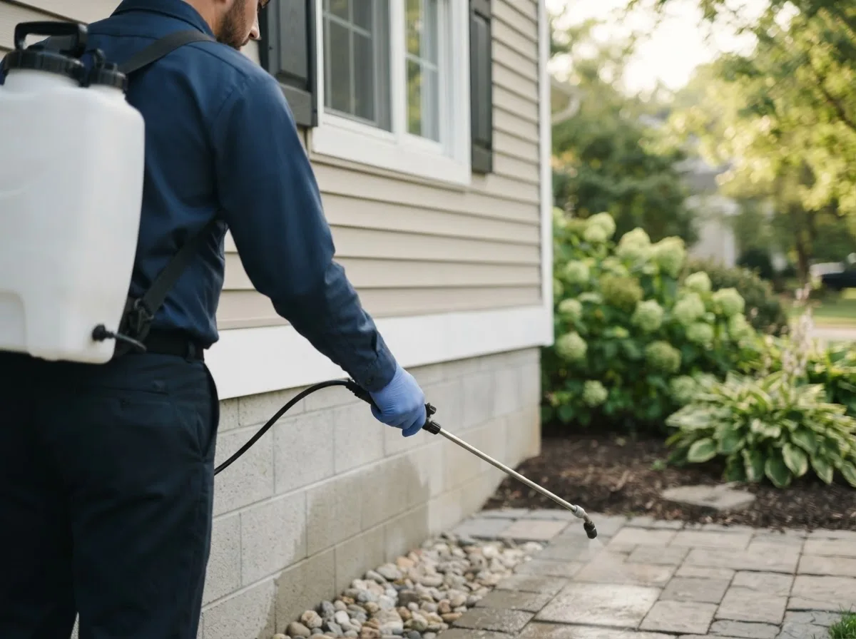 Pest control technician inspecting a home in Anamosa, IA